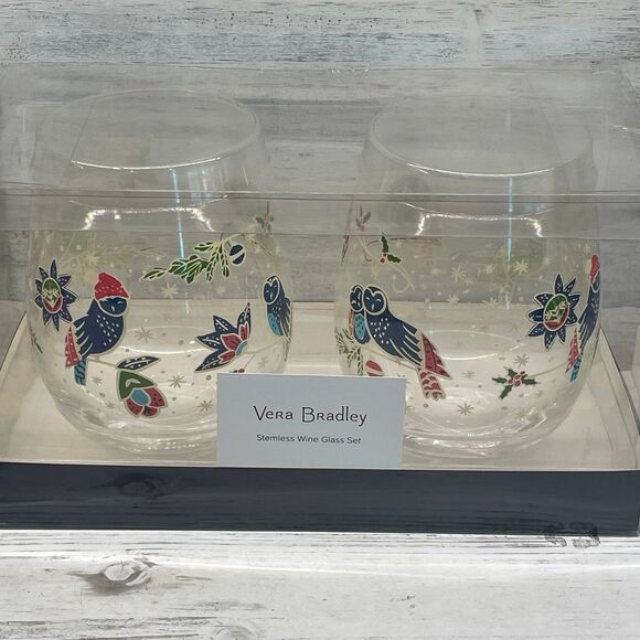 NEW Vera Bradley Holiday Owls Stemless Wine Glasses Set of 2 16oz. - Picture 1 of 7